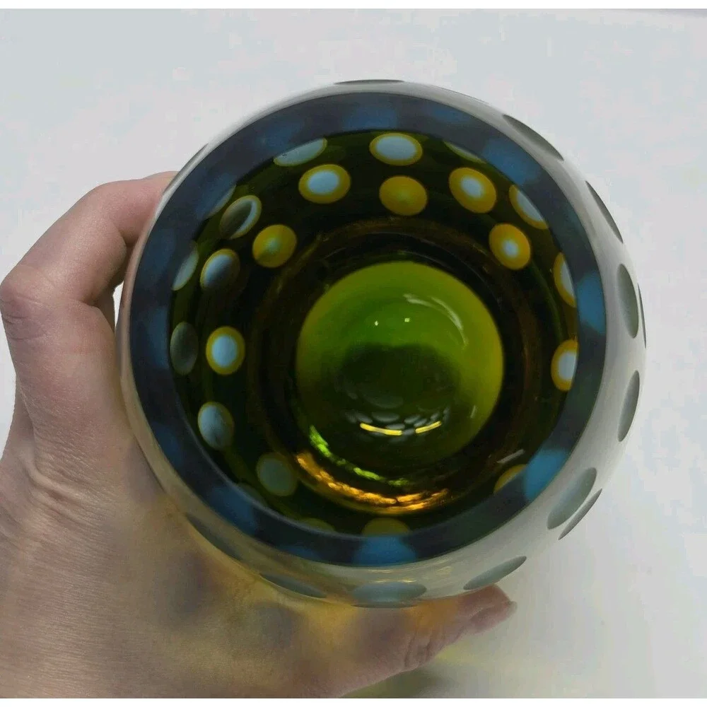 Vintage MCM Abstract Art Glass Vase Green & Amber Frosted Thumbprint - Picture 6 of 11